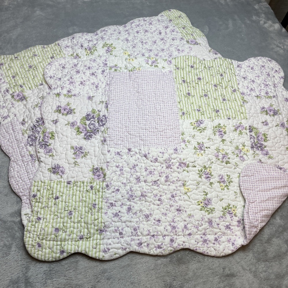 2 Cottagecore Quilted Pillow Shams Standard Size Purple Green Floral Patchwork